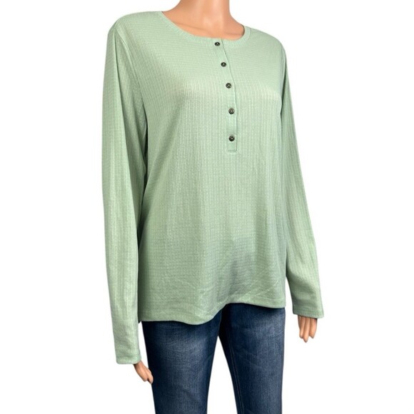 GH Bass Womens Large Light Green Shirt Top Textured Henley Long Sleeve T-Shirt - Picture 2 of 9
